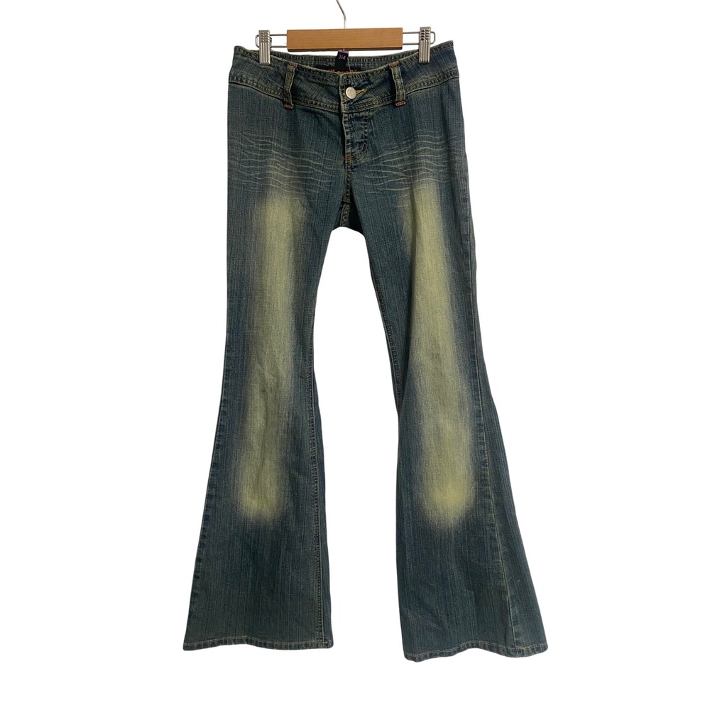 Dollhouse Flare Jeans Womens 3/4 Blue Low Rise Y2K Bell Bottom Whiskered Denim